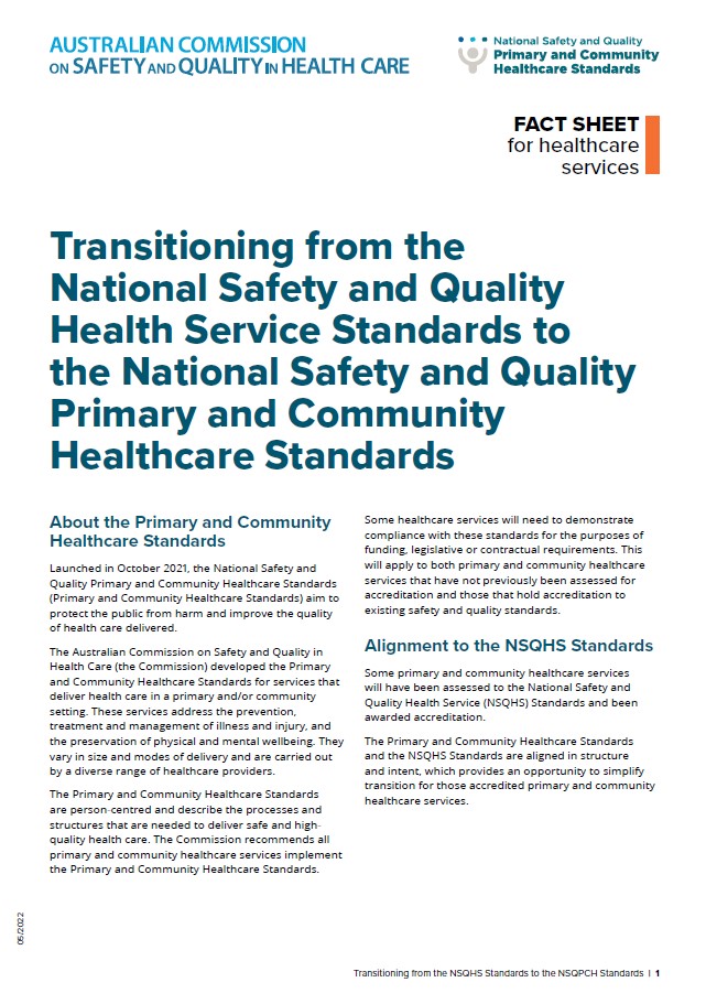 First page of the fact sheet transitioning from the NSQHS Standards to the NSQPCH Standards