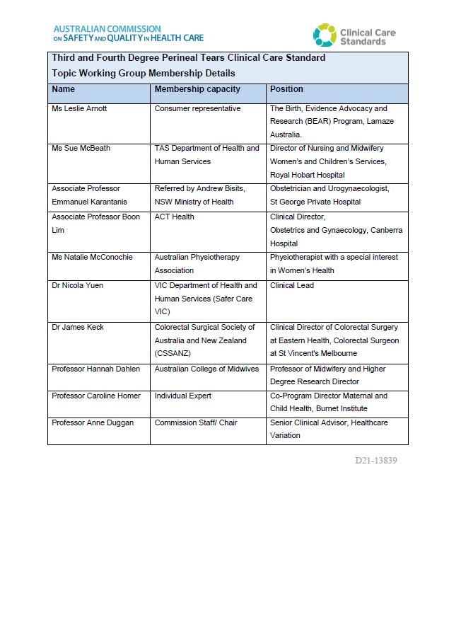 Thumbnail Topic Working Group membership Perineal Tears