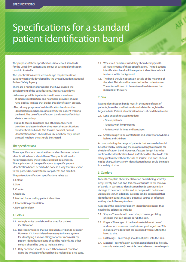 Specifications for a standard patient identification band | Australian ...