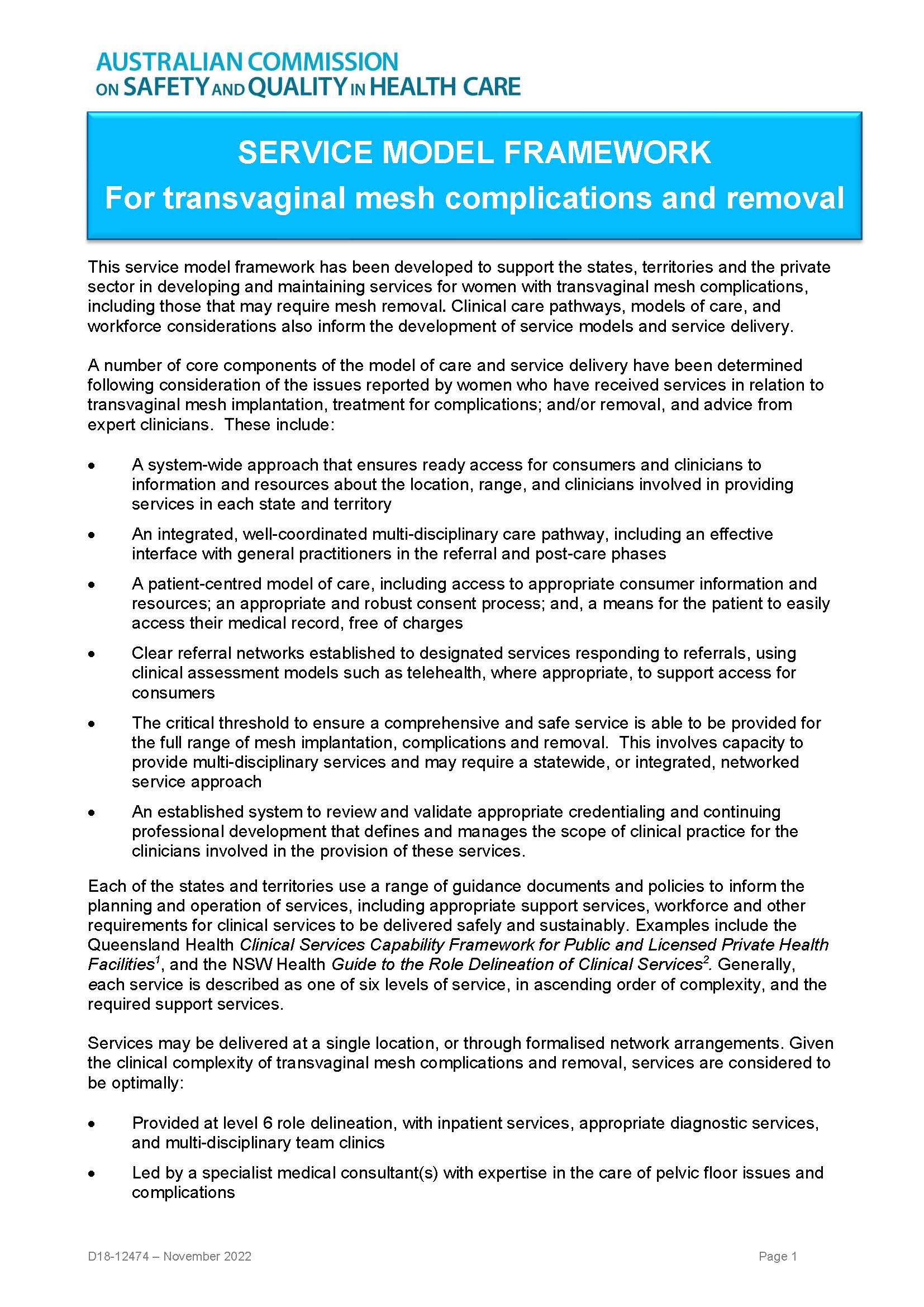 Service model framework for transvaginal mesh complications and removal ...