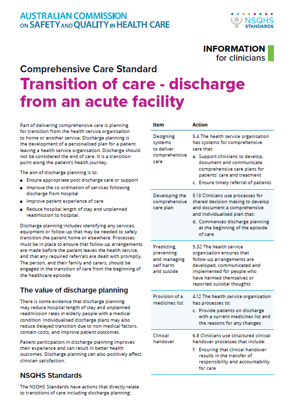 Transition of care – discharge from an acute facility | Australian ...