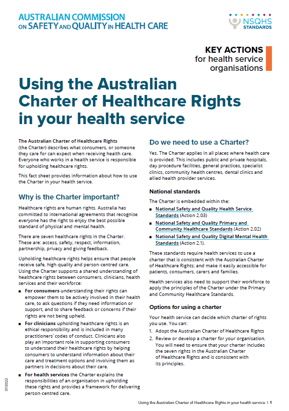 Using the Australian Charter of Healthcare Rights in your Health ...
