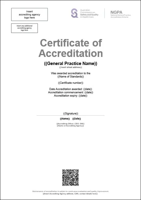 Image of example accreditation certificate to the National General Practice Scheme (NGPA)