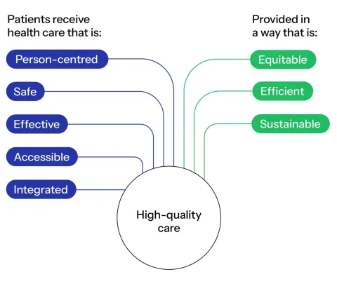 Figure 1: Diagram of domains of high-quality care. High quality care is when patients receive care that is: person-centred, safe, effective, accessible and integrated, and provided in a way that is: equitable, efficient and sustainable.