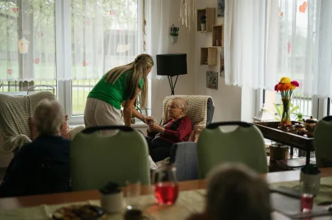 Decorative only image - elderly woman sitting in armchair is handed a cup of tea
