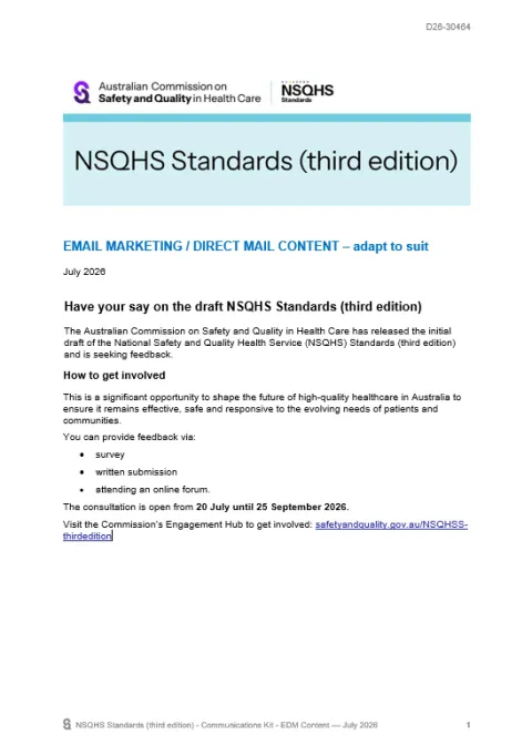 Thumbnail image for newsletter copy asking people to have their say on the NSQHS Standards (third edition) in 2026