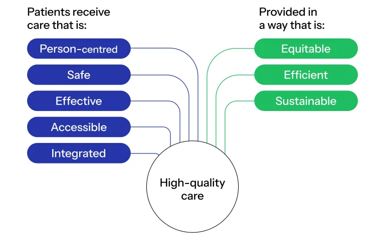Figure 1: Diagram of domains of high-quality care. High-quality care is when patients receive health care that is: person-centred, safe, effective, accessible and integrated, and provided in a way that is: equitable, efficient and sustainable.