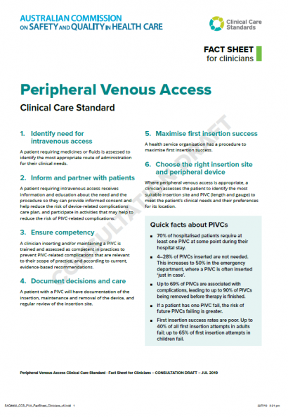 Consultation Draft – Peripheral Venous Access Clinical Care Standard Clinician Fact Sheet