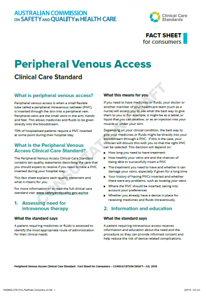 Consultation Draft – Peripheral Venous Access Clinical Care Standard Consumer Fact Sheet