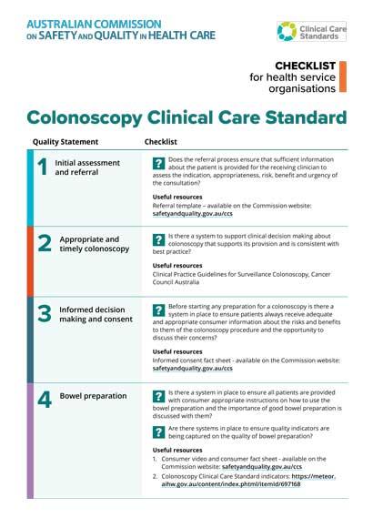 Colonoscopy Clinical Care Standard Checklist for Health Service ...