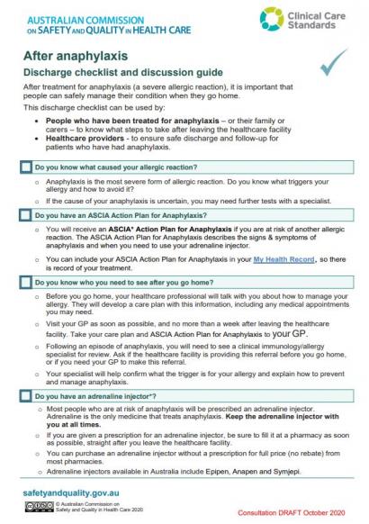 Acute Anaphylaxis CCS - Discharge Checklist and Discussion Guide Thumbnail