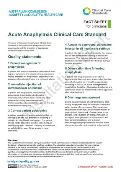 Acute Anaphylaxis CCS - Clinician Fact Sheet Thumbnail