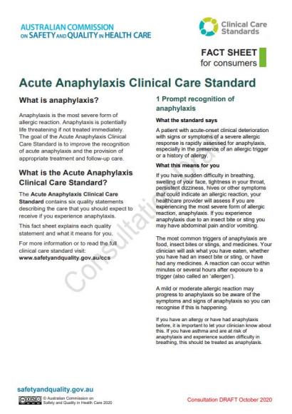 Acute Anaphylaxis CCS - Consumer Fact Sheet Thumbnail