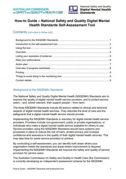 NSQDMH Standards - Self-assessment tool how-to guide