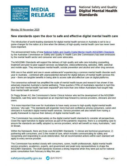 Media Release- New standards open the door to safe and effective digital mental health care