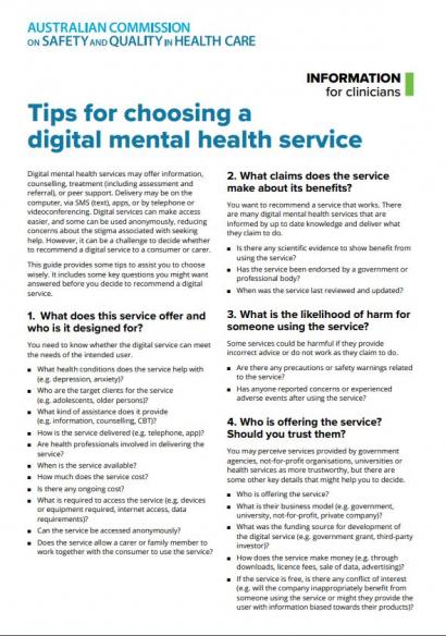Tips for choosing a digital mental health service - Information for clinicians