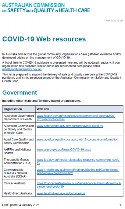 First page of the document titled Web resources for COVID-19