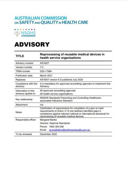 AS18/07 Reprocessing of reusable medical devices in HSOs
