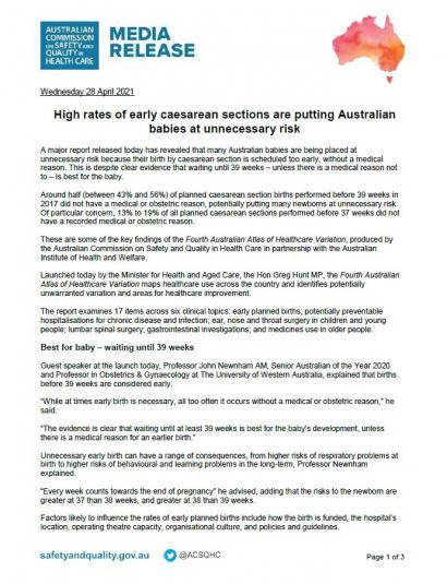 Media Release thumbnail - High rates of early caesarean sections are putting Australian babies at unnecessary risk