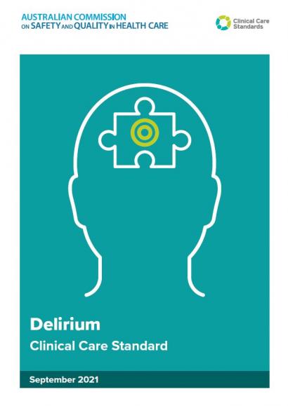 Small pic of head with puzzle piece, cover of Delirium Clinical Care Standards page.