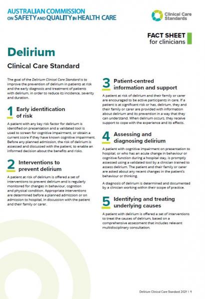 Small pic of the Delirium Clinical Care Standard Clinicians Fact Sheet