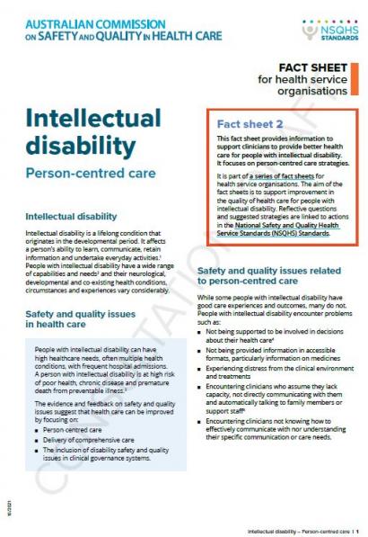 This is a picture of the first page of the Intellectual Disability Fact Sheet 2