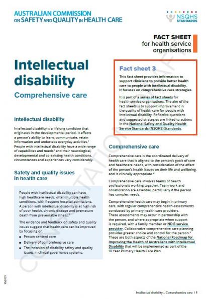 Image is a picture of the first page of Intellectual Disability Fact Sheet 3