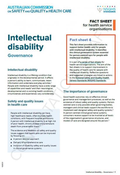 This is a picture of the first page of Intellectual Disability Fact Sheet 4
