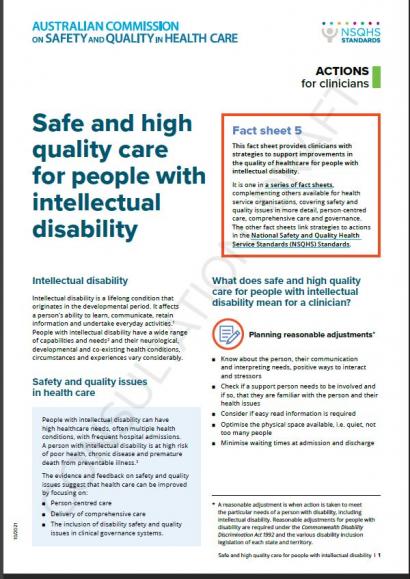 This is a picture of the first page of Intellectual Disability Fact Sheet 5