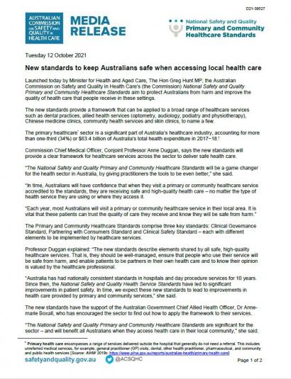 Media Release thumbnail - Primary and Community Healthcare Standards