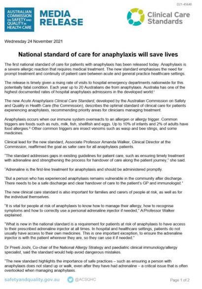 Media Release - Acute Anaphylaxis Clinical Care Standard - thumbnail
