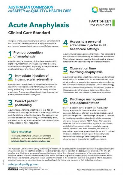 Thumbnail of Acute Anaphylaxis Clinical Care Standard Factsheet for Clinicians pic