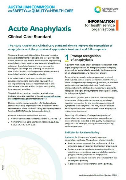 Thumbnail of the Acute Anaphylaxis Clinical Care Standard HSO Fact Sheet