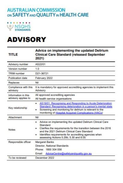 Thumbnail image of Advisory AS22-01 - Advice on implementing the updated Delirium Clinical Care Standard