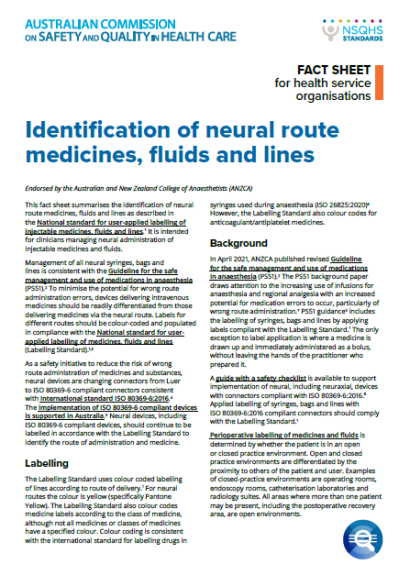 Identification of neural route medicines, fluids and lines factsheet