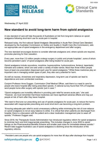 Media Release - Opioid Analgesic Stewardship in Acute Pain CCS - thumbnail image