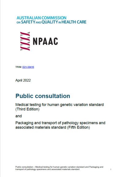 NPAAC public consultation on human genetic variation testing standard and packaging and transport standard