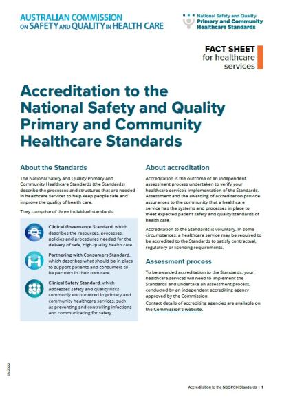 Front page of the fact sheet accreditation to the PCH Standards
