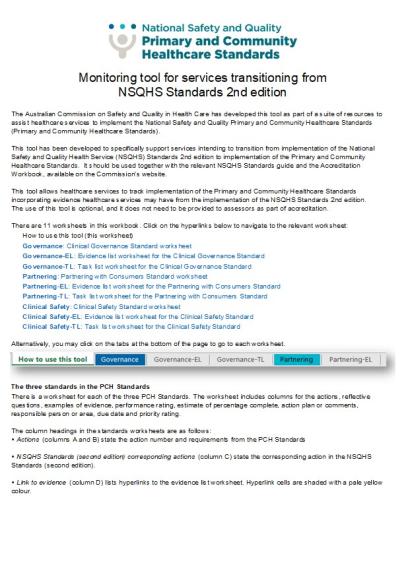 An image of the first worksheet in the Primary and Community Healthcare Standards monitoring tool