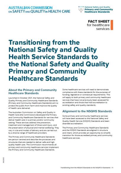 First page of the fact sheet transitioning from the NSQHS Standards to the NSQPCH Standards