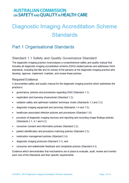 Cover page of the Diagnostic Imaging Accreditation Scheme standards