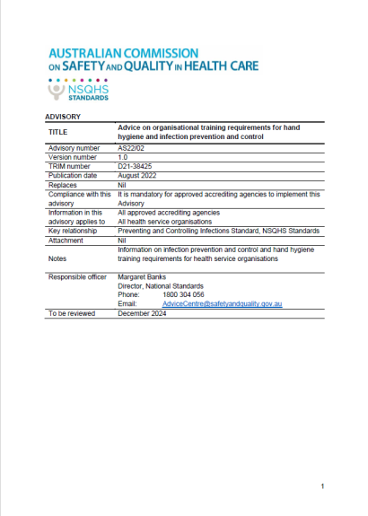 An image of the front page Advisory AS22/02: Advice on IPC and hand hygiene training requirements_for health service organisations.png