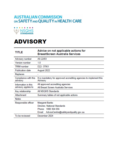 Image of the front page of NSQHS Standards advisory AS22/03: Advice on not applicable actions for BreastScreen Australia Services