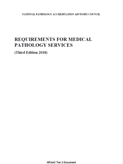 An image of the front cover of Tier 2 Requirements for medical pathology services (Third edition 2018)