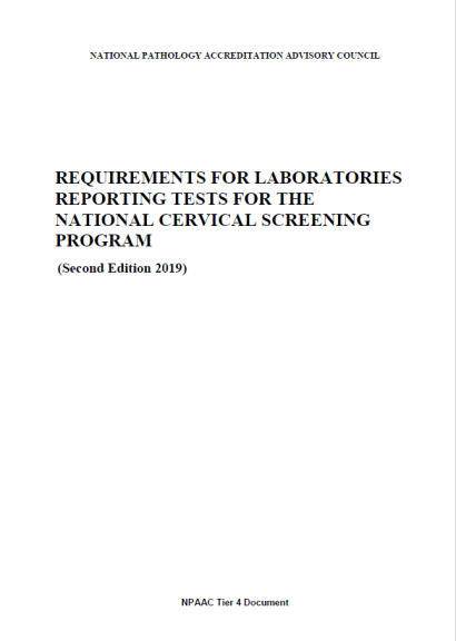 An image of the front cover of Tier 4 Requirements for Laboratories Reporting Tests for the National Cervical Screening Program (Second Edition 2019)