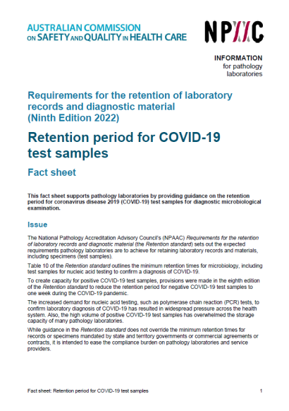 An image of the first page of the Fact sheet – Retention period for COVID-19 test samples