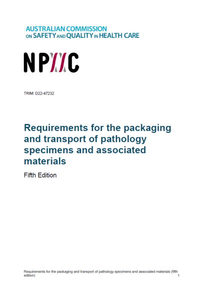 An image of the cover page of the document Requirements for the packaging and transport of pathology specimens and associated materials (Fifth Edition)