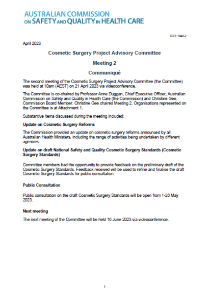 Cosmetic Surgery Project Advisory Committee Communique April 2023
