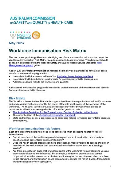 An image of the first page of the resource Workforce Immunisation Risk Matrix, May 2023