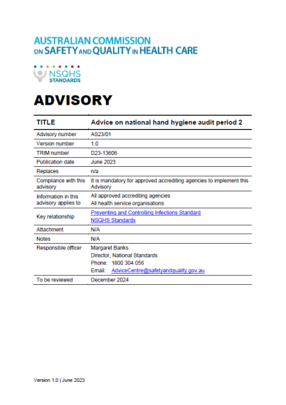 An image of the first page of Advisory AS23/01: Advice on national hand hygiene audit period 2